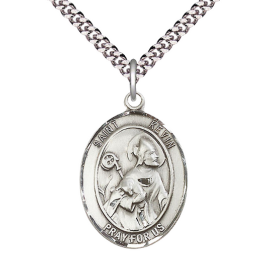 Saint Kevin Medal Necklace – 24" Endless Rhodium Plated Chain – Patron Saint of Blackbirds & Ireland – Elegant Religious Jewelry in Velvet Gift Box