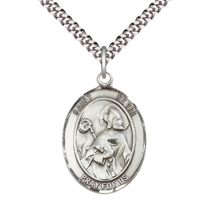 Mens 1 x 3/4" Oval Pewter Saint St. Kevin Medal Pendant on 24 inch Rhodium Plated Heavy Curb Brass Chain with Lobster Claw clasp, Catholic Religious Necklace - Made in USA - Deluxe Velvet Gift Box