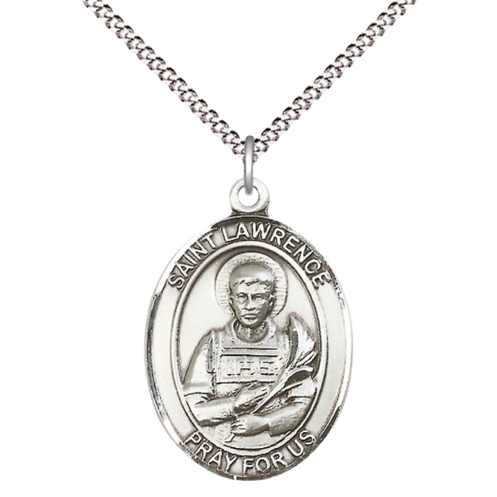 Women's Pewter Saint St. Lawrence Medal Pendant on 18 Inch Rhodium Plated Lite Curb Brass Chain with Lobster Claw Clasp, Catholic Religious Necklace - Made in USA- Deluxe Velvet Gift Box