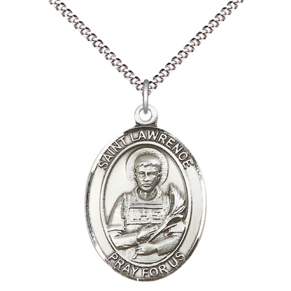 Women's Pewter Saint St. Lawrence Medal Pendant on 18 Inch Rhodium Plated Lite Curb Brass Chain with Lobster Claw Clasp, Catholic Religious Necklace - Made in USA- Deluxe Velvet Gift Box