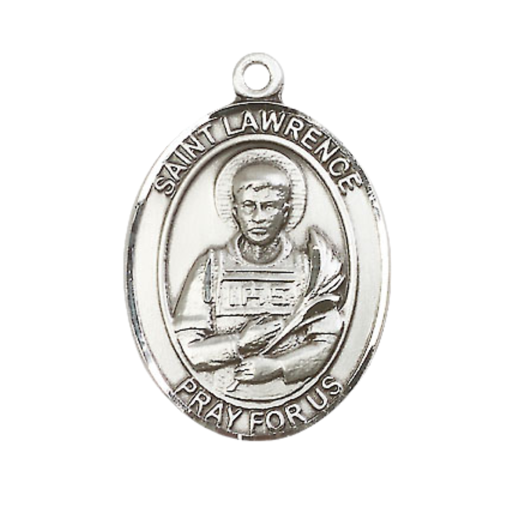 Women's Pewter Saint St. Lawrence Medal Pendant on 18 Inch Rhodium Plated Lite Curb Brass Chain with Lobster Claw Clasp, Catholic Religious Necklace - Made in USA- Deluxe Velvet Gift Box