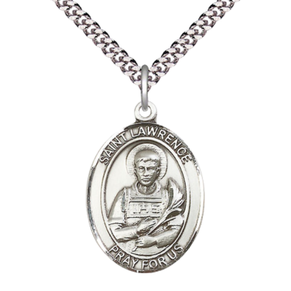 Mens 1 x 3/4" Oval Pewter Saint St. Lawrence Medal Pendant on 24 Inch Rhodium Plated Heavy Curb Brass Chain with Lobster Claw clasp, Catholic Religious Necklace - Made in USA - Deluxe Velvet Gift Box