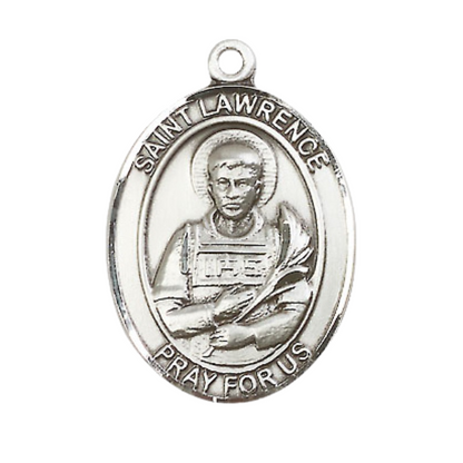 Mens Oval .925 Sterling Silver Saint St. Lawrence Medal Pendant on 24 Inch Rhodium Plated Heavy Curb Brass Chain with Lobster Claw clasp, Catholic Religious Necklace - Made in USA- Velvet Gift Box
