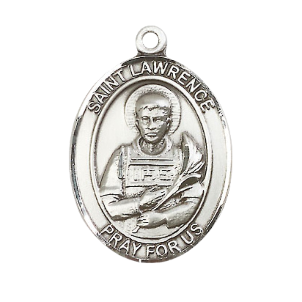 Saint St. Lawrence Men's .925 Sterling Silver Medal Necklace– Patron Saint St. of Chefs & Comedians – 24 Inch Light Rhodium Plated Heavy Curb Chain, Catholic Medal – Velvet Gift Box