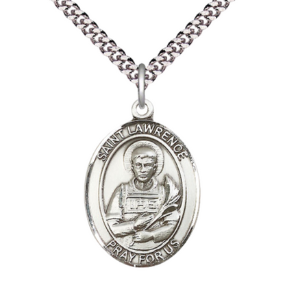 Saint St. Lawrence Men's .925 Sterling Silver Medal Necklace– Patron Saint St. of Chefs & Comedians – 24 Inch Light Rhodium Plated Heavy Curb Chain, Catholic Medal – Velvet Gift Box