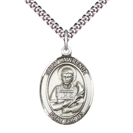 Everlasting Light Jewelry Saint St. Lawrence Men's Pewter Medal Necklace– Patron Saint St. of Chefs & Comedians – 24 Inch Endless Rhodium Plated Chain, Catholic Medal – Velvet Gift Box