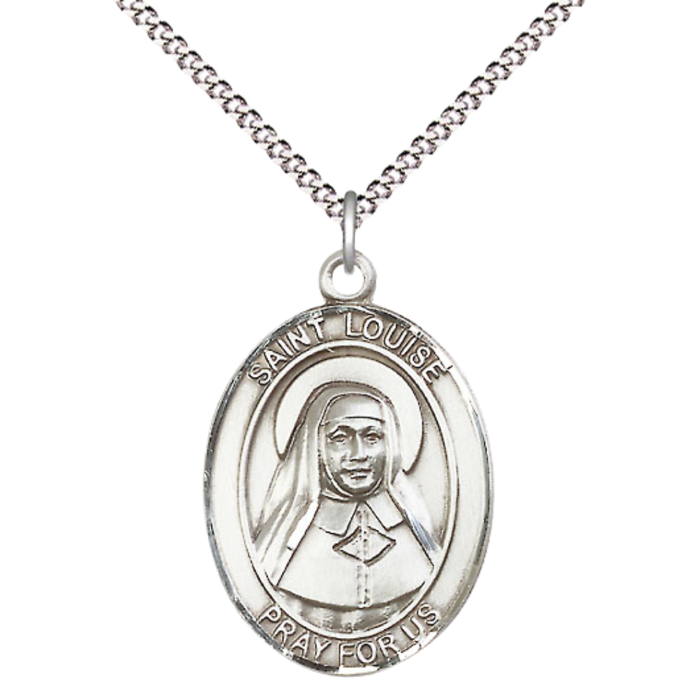 Women's .925 Sterling Silver Saint St. Louise de Marillac Medal Pendant on 18 Inch Rhodium Plated Lite Curb Brass Chain w/ Lobster Claw Clasp, Catholic Religious Necklace - Made in USA- Deluxe Velvet Gift Box