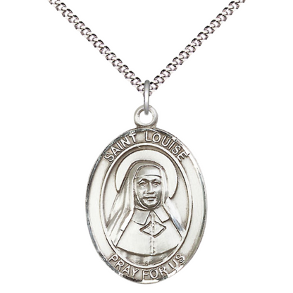 Women's Pewter Saint St. Louise de Marillac Medal Pendant on 18 Inch Rhodium Plated Lite Curb Brass Chain with Lobster Claw Clasp, Catholic Religious Necklace - Made in USA- Deluxe Velvet Gift Box