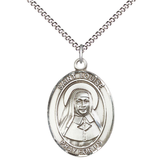 Women's Pewter Saint St. Louise de Marillac Medal Pendant on 18 Inch Rhodium Plated Lite Curb Brass Chain with Lobster Claw Clasp, Catholic Religious Necklace - Made in USA- Deluxe Velvet Gift Box