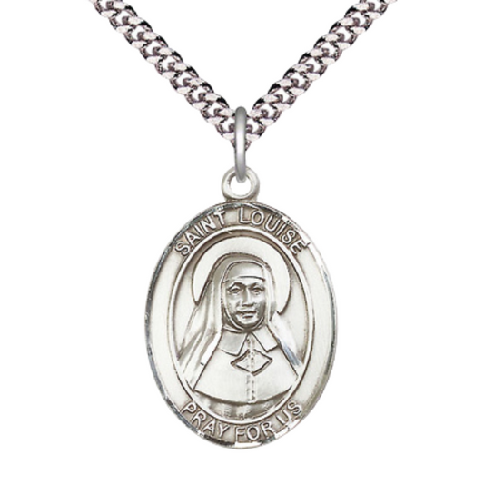 Mens Oval Pewter Saint St. Louise de Marillac Medal Pendant on 24 Inch Rhodium Plated Heavy Curb Brass Chain with Lobster Claw clasp, Catholic Religious Necklace - Made in USA - Deluxe Velvet Gift Box