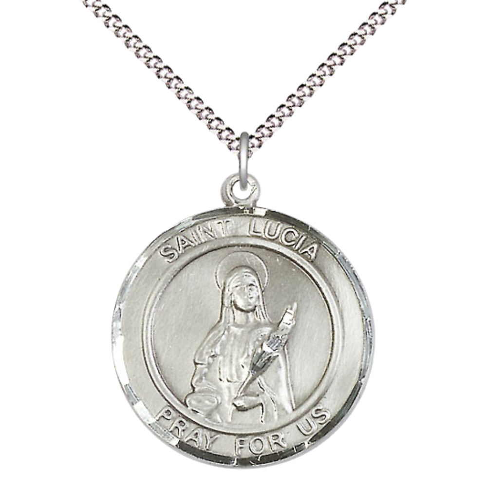 Women's .925 Sterling Silver Saint St. Lucia of Syracuse Medal Pendant on 18 Inch Rhodium Plated Lite Curb Brass Chain w/ Lobster Claw Clasp, Catholic Religious Necklace - Made in USA- Deluxe Velvet Gift Box