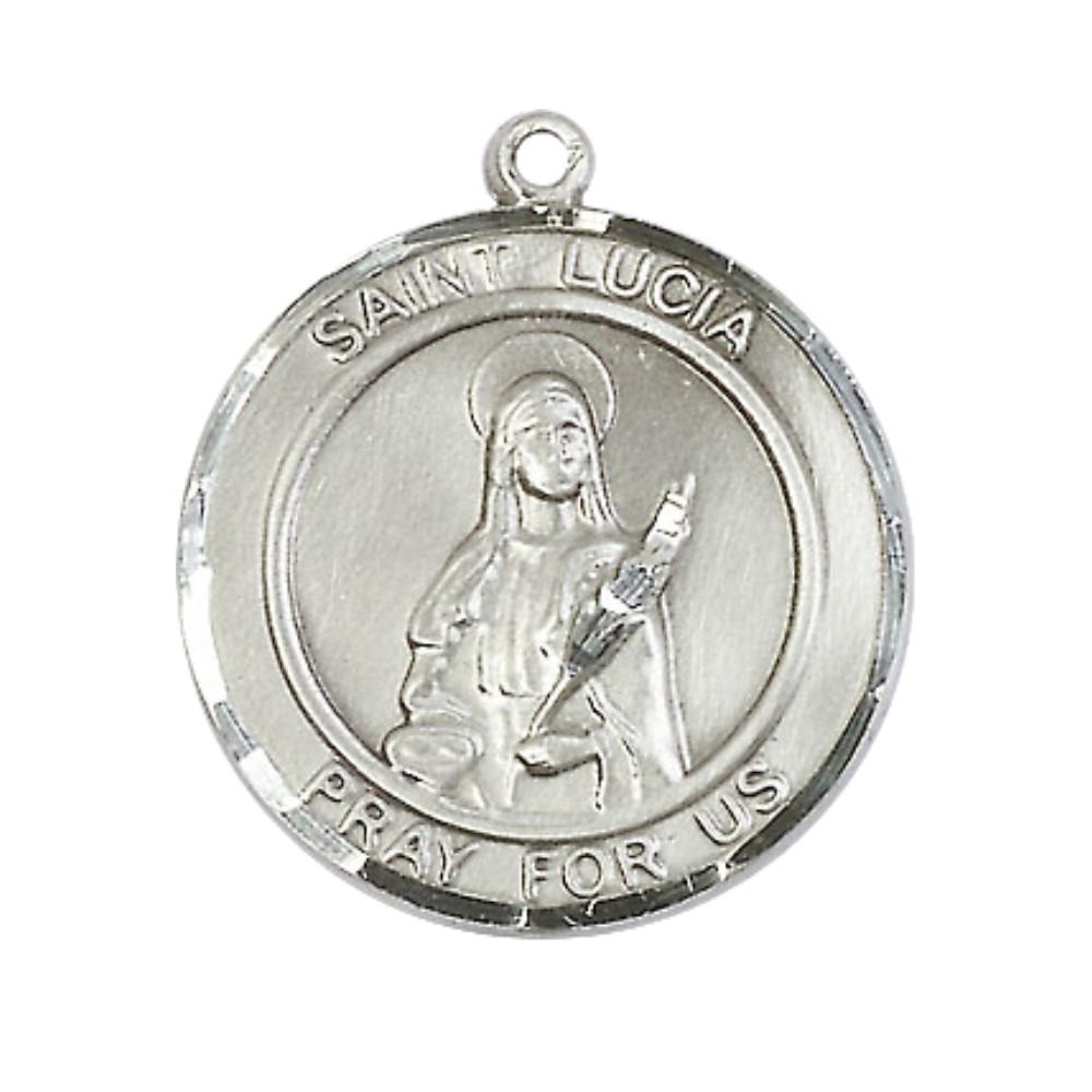 Women's .925 Sterling Silver Saint St. Lucia of Syracuse Medal Pendant on 18 Inch Rhodium Plated Lite Curb Brass Chain w/ Lobster Claw Clasp, Catholic Religious Necklace - Made in USA- Deluxe Velvet Gift Box