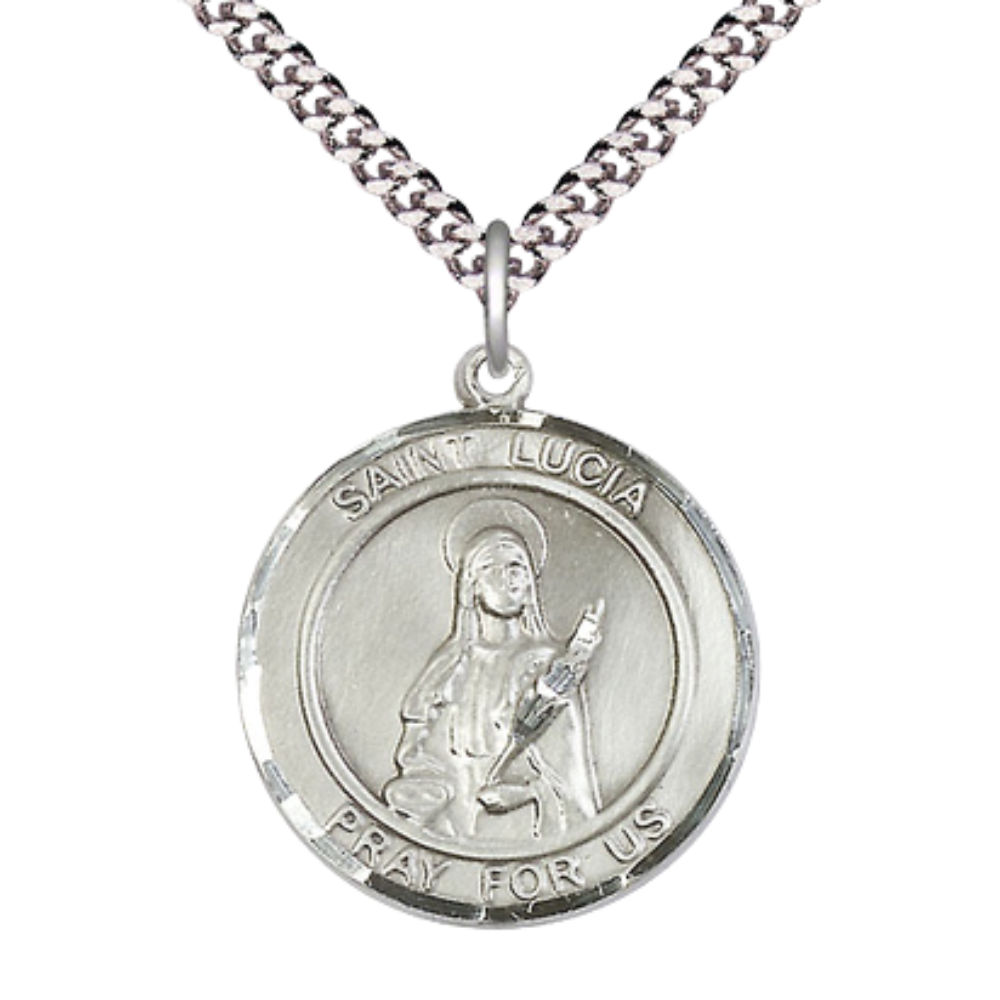 Mens Round Pewter Saint St. Lucia of Syracuse Medal Pendant on 24 Inch Rhodium Plated Heavy Curb Brass Chain with Lobster Claw clasp, Catholic Religious Necklace - Made in USA- Deluxe Velvet Gift Box