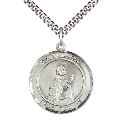 Mens Round Pewter Saint St. Lucia of Syracuse Medal Pendant on 24 Inch Rhodium Plated Heavy Curb Brass Chain with Lobster Claw clasp, Catholic Religious Necklace - Made in USA- Deluxe Velvet Gift Box
