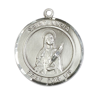 Mens Round Pewter Saint St. Lucia of Syracuse Medal Pendant on 24 Inch Rhodium Plated Heavy Curb Brass Chain with Lobster Claw clasp, Catholic Religious Necklace - Made in USA- Deluxe Velvet Gift Box