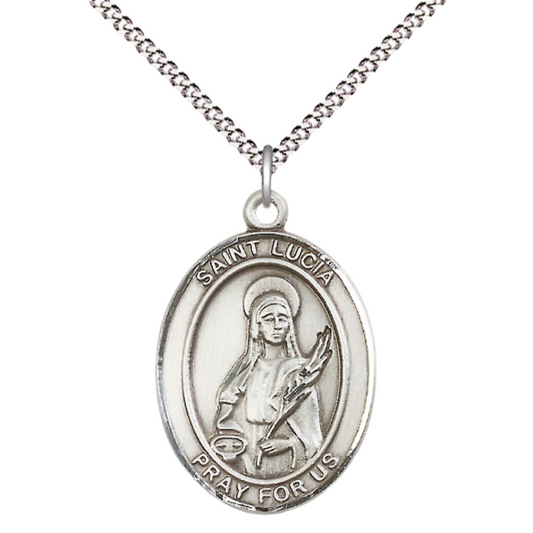Women's .925 Sterling Silver Saint St. Lucia of Syracuse Medal Pendant on 18 Inch Rhodium Plated Lite Curb Brass Chain w/ Lobster Claw Clasp, Catholic Religious Necklace - Made in USA- Deluxe Velvet Gift Box