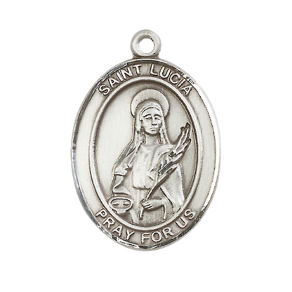 Women's .925 Sterling Silver Saint St. Lucia of Syracuse Medal Pendant on 18 Inch Rhodium Plated Lite Curb Brass Chain w/ Lobster Claw Clasp, Catholic Religious Necklace - Made in USA- Deluxe Velvet Gift Box