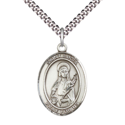Mens Oval Pewter Saint Lucia of Syracuse Medal Pendant on 24" Rhodium Plated Heavy Curb Brass Chain with Lobster Claw clasp , Catholic Religious Necklace -Made in USA - Deluxe Velvet Gift Box