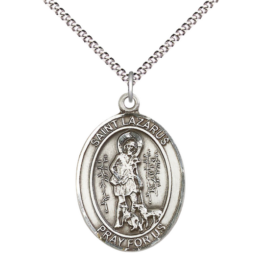 Women's Pewter Saint St. Lazarus Medal Pendant on 18 Inch Rhodium Plated Lite Curb Brass Chain with Lobster Claw Clasp, Catholic Religious Necklace - Made in USA- Deluxe Velvet Gift Box