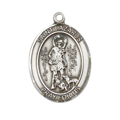Women's Pewter Saint St. Lazarus Medal Pendant on 18 Inch Rhodium Plated Lite Curb Brass Chain with Lobster Claw Clasp, Catholic Religious Necklace - Made in USA- Deluxe Velvet Gift Box