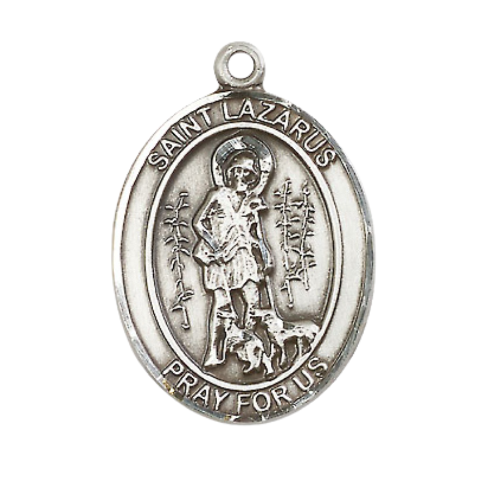 Saint St. Lazarus Medal Necklace – 24 Inch Endless Rhodium Plated Chain – Patron Saint St. of Leprosy – Exquisite Catholic Religious Jewelry in Velvet Gift Box