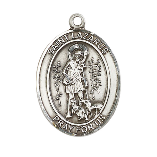 Mens Oval .925 Sterling Silver Saint Lazarus Medal Pendant on 24" Rhodium Plated Heavy Curb Brass Chain with Lobster Claw clasp, Catholic Religious Necklace -Made in USA- Velvet Gift Box