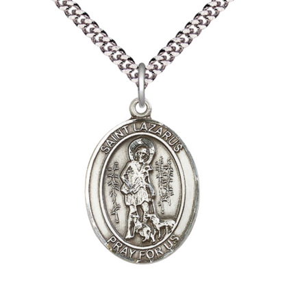 Saint St. Lazarus Men's Medal Necklace – 24 Inch Endless Light Rhodium Plated Heavy Curb Chain – Patron Saint St. of Leprosy – Exquisite Catholic Religious Jewelry in Velvet Gift Box
