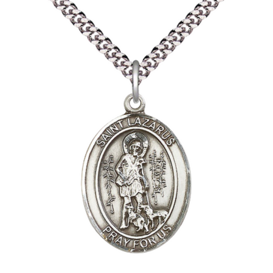 Mens 1 x 3/4" Oval Pewter Saint St. Lazarus Medal Pendant on 24 Inch Rhodium Plated Heavy Curb Brass Chain with Lobster Claw clasp, Catholic Religious Necklace - Made in USA - Deluxe Velvet Gift Box