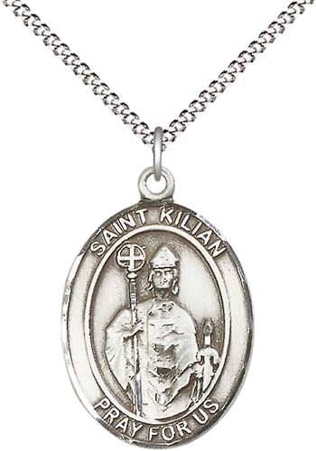 Women's Pewter Saint St. Kilian Medal Pendant on 18 Inch Rhodium Plated Lite Curb Brass Chain with Lobster Claw Clasp, Catholic Religious Necklace - Made in USA- Deluxe Velvet Gift Box
