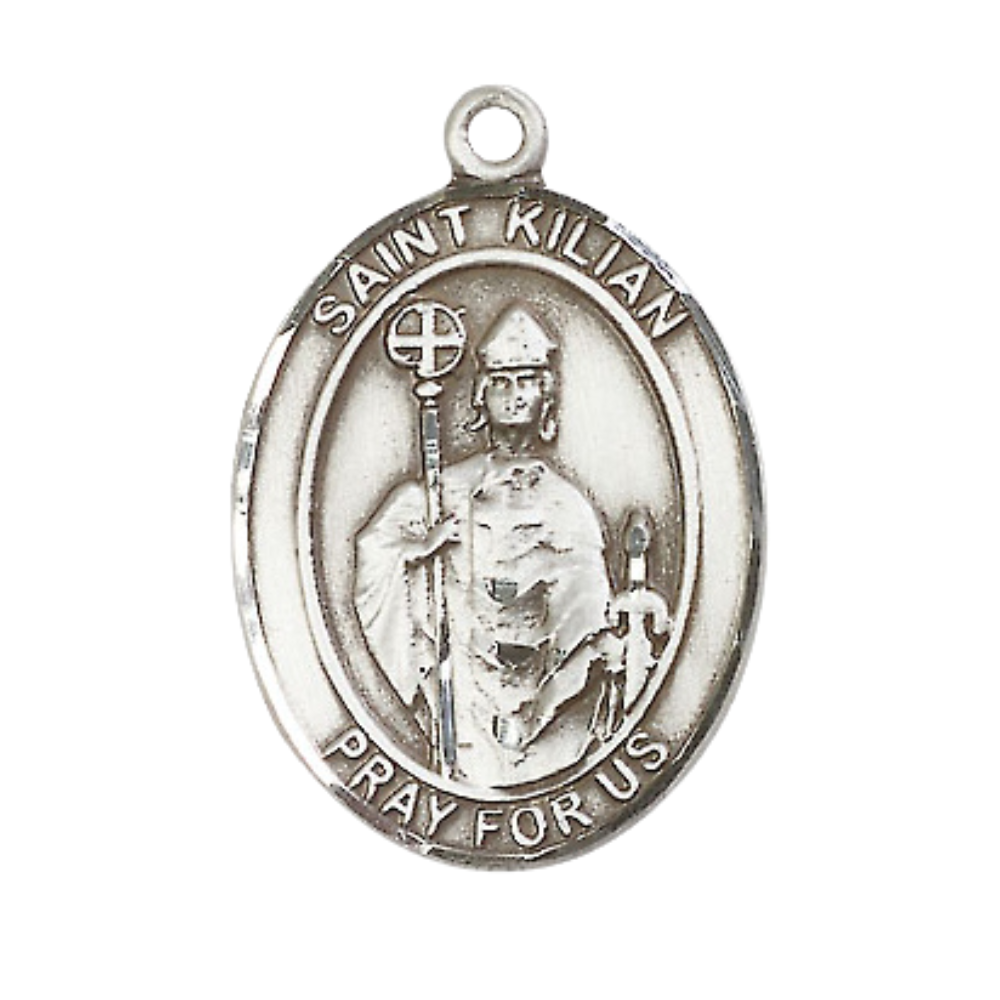 Mens Oval .925 Sterling Silver Saint Kilian Medal Pendant on 24" Rhodium Plated Heavy Curb Brass Chain with Lobster Claw clasp, Catholic Religious Necklace -Made in USA- Velvet Gift Box