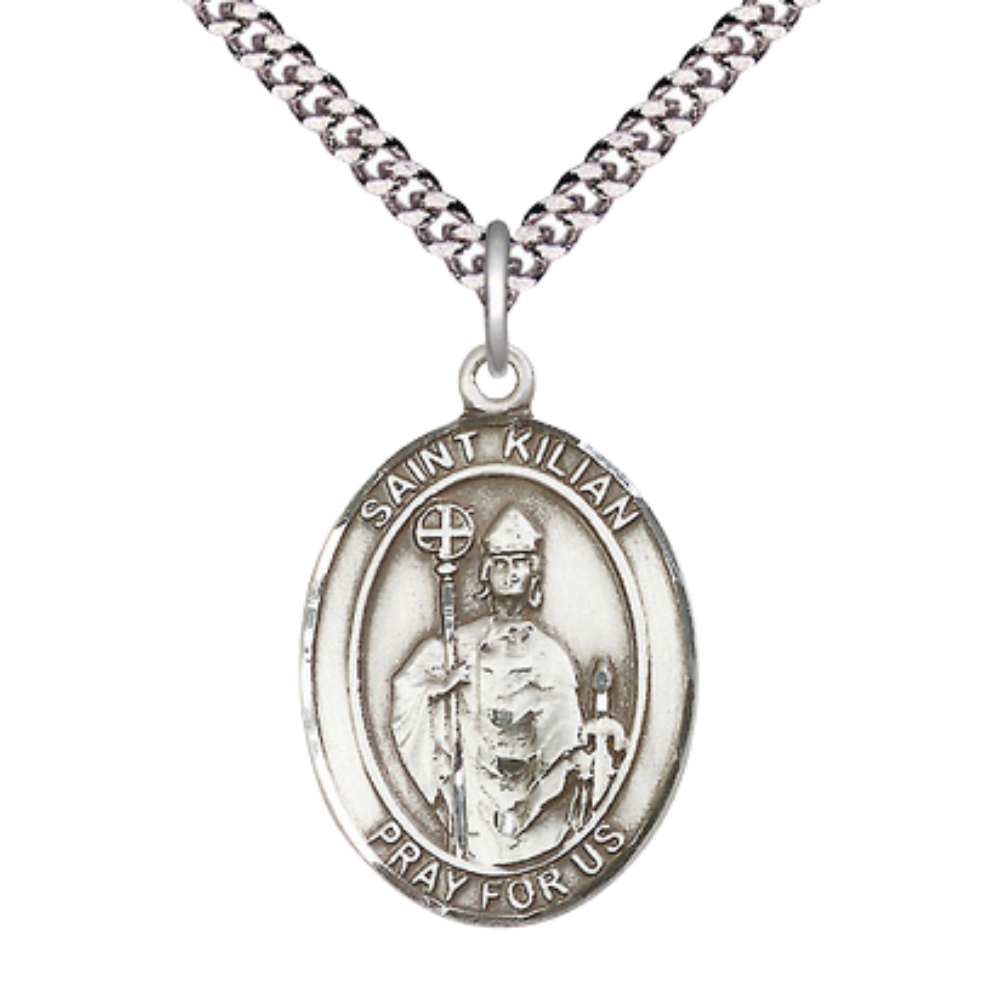 Saint St. Kilian Medal Necklace – 24 Inch Endless Rhodium Plated Chain – Patron Saint St. of Whitewashers & Rheumatism – Exquisite Catholic Religious Jewelry in Velvet Gift Box