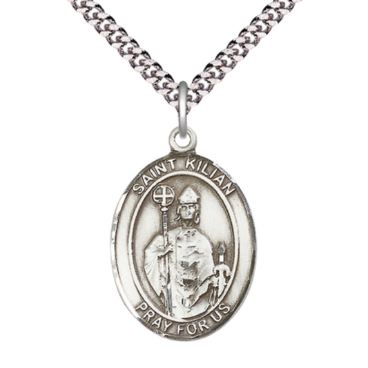 Saint St. Kilian Medal Necklace – 24 Inch Endless Rhodium Plated Chain – Patron Saint St. of Whitewashers & Rheumatism – Exquisite Catholic Religious Jewelry in Velvet Gift Box