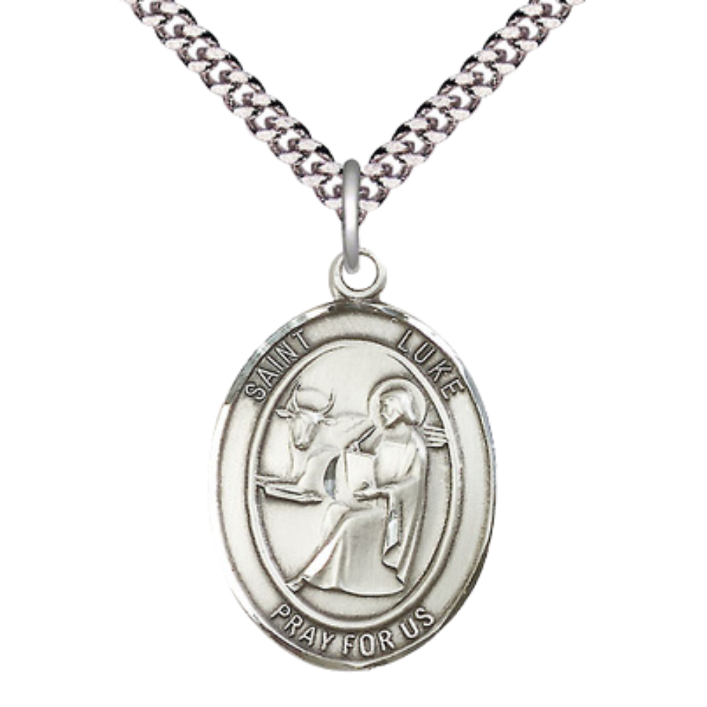 Saint Luke the Apostle Men's Sterling Silver Medal – Patron Saint of Physicians & Painters – 24” Light Rhodium Plated Heavy Curb Chain – Velvet Gift Box