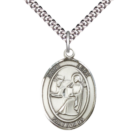 Saint Luke the Apostle Men's Sterling Silver Medal – Patron Saint of Physicians & Painters – 24” Light Rhodium Plated Heavy Curb Chain – Velvet Gift Box