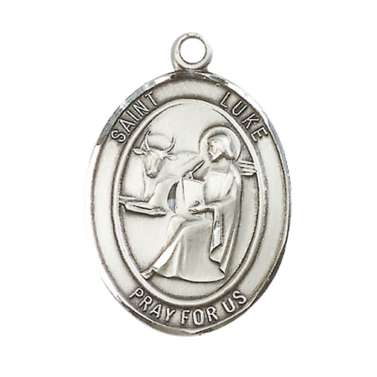 Mens Sterling Silver Saint Luke the Apostle Medal Pendant on 24" Rhodium Plated Heavy Curb Brass Chain with Lobster Claw clasp, Catholic Religious Necklace -Made in USA- Velvet Gift Box
