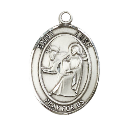 Mens Oval Pewter Saint St. Luke the Apostle Medal Pendant on 24 Inch Rhodium Plated Heavy Curb Brass Chain with Lobster Claw clasp, Catholic Religious Necklace - Made in USA - Deluxe Velvet Gift Box