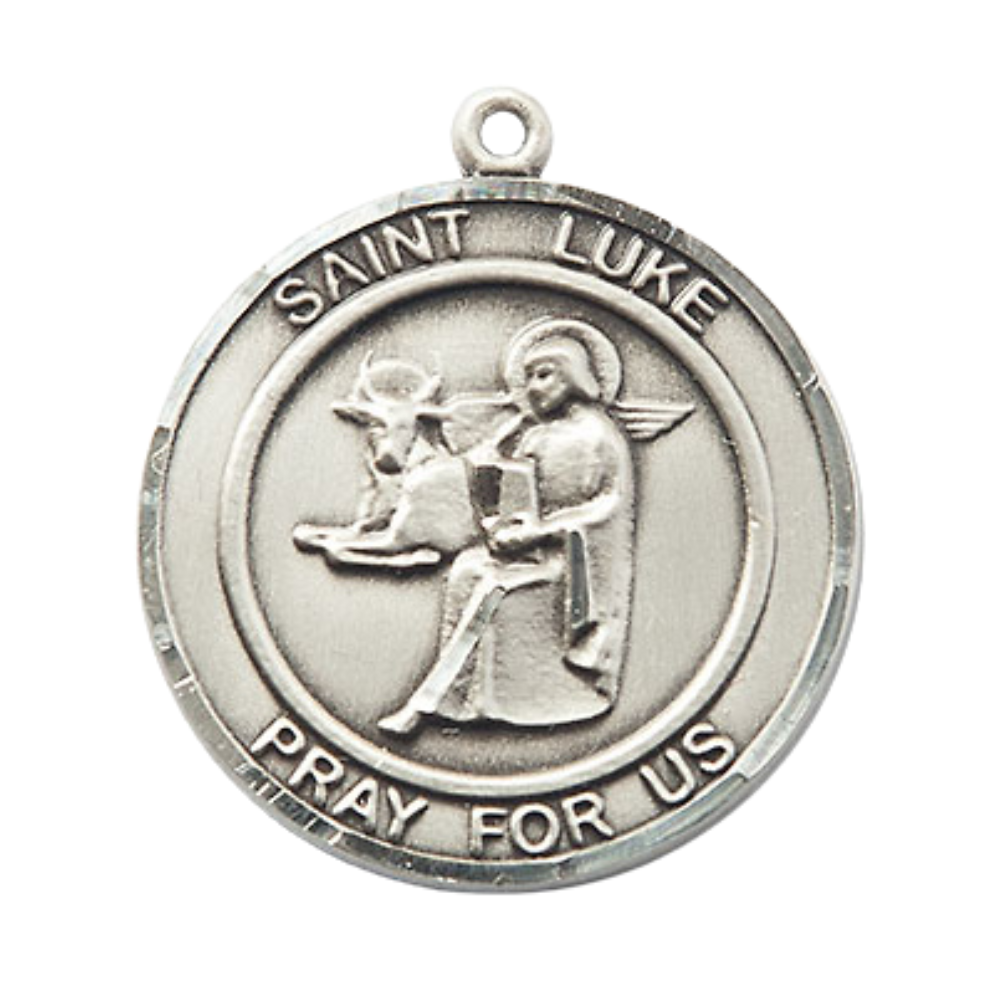 Men's .925 Sterling Silver Saint St. Luke the Apostle Medal Pendant Christian Necklace – 1" x ?" – 24 Inch Endless Rhodium Plated Chain – Patron Saint St. of Physicians & Painters, Catholic Medal – Velvet Gift Box Included
