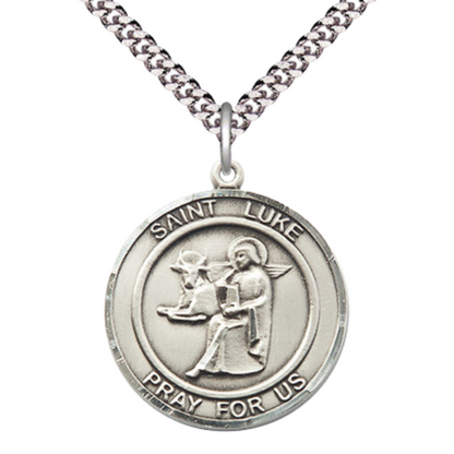 Mens Round Pewter Saint St. Luke the Apostle Medal Pendant on 24 Inch Rhodium Plated Heavy Curb Brass Chain with Lobster Claw clasp, Catholic Religious Necklace - Made in USA- Deluxe Velvet Gift Box