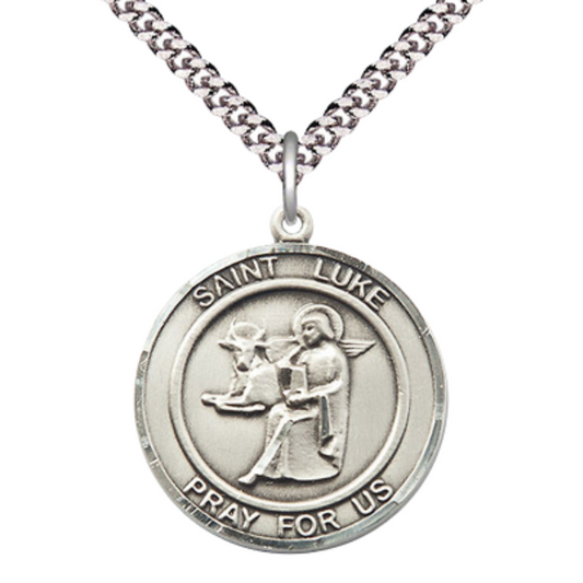 Mens Round Pewter Saint St. Luke the Apostle Medal Pendant on 24 Inch Rhodium Plated Heavy Curb Brass Chain with Lobster Claw clasp, Catholic Religious Necklace - Made in USA- Deluxe Velvet Gift Box