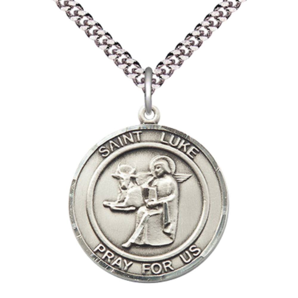 Men's Pewter Saint St. Luke the Apostle Medal Pendant Christian Necklace – 1" x 7/8" – 24 Inch Endless Rhodium Plated Chain – Patron Saint St. of Physicians & Painters, Catholic Medal – Velvet Gift Box Included