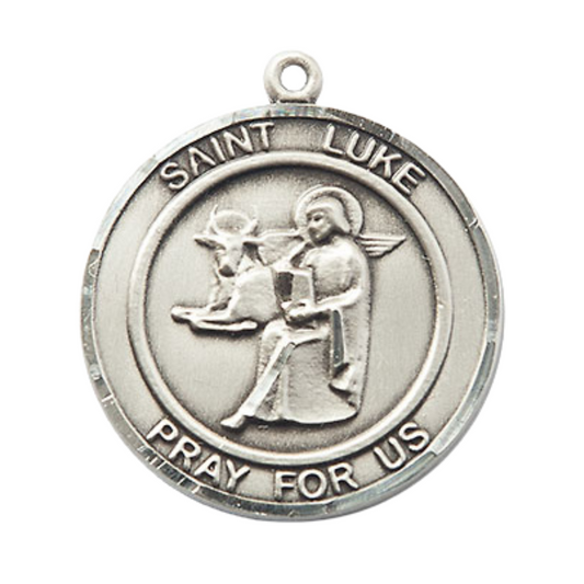 Mens .925 Sterling Silver Saint St. Luke the Apostle Medal Pendant on 24 Inch Rhodium Plated Heavy Curb Brass Chain with Lobster Claw clasp, Catholic Religious Necklace - Made in USA- Velvet Gift Box