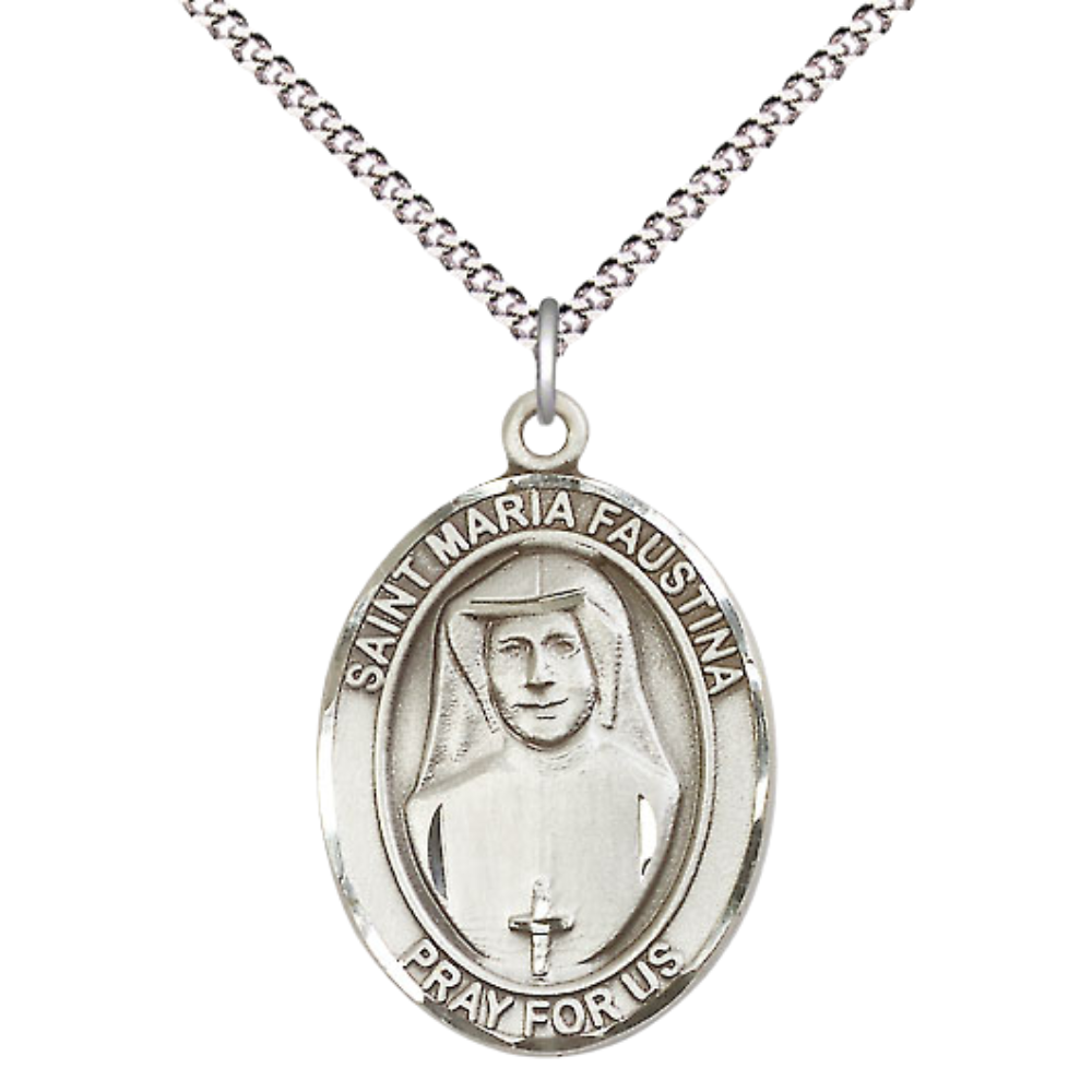 Women's Pewter Saint St. Maria Faustina Medal Pendant on 18 Inch Rhodium Plated Lite Curb Brass Chain with Lobster Claw Clasp, Catholic Religious Necklace - Made in USA- Deluxe Velvet Gift Box