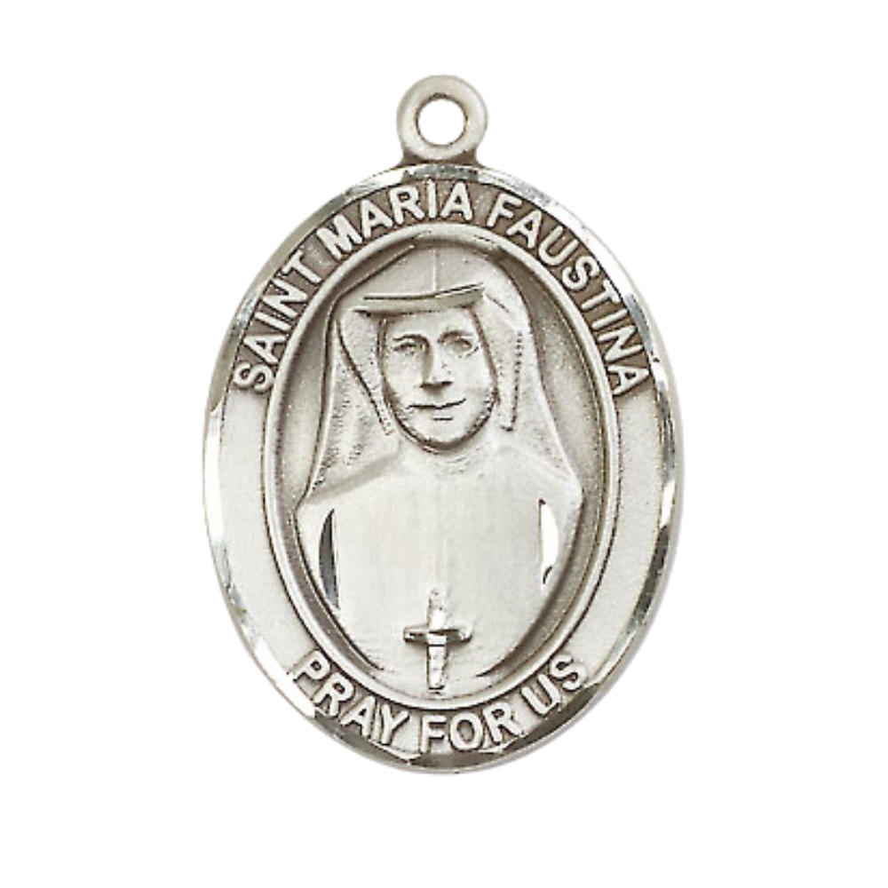 Mens 1 x 3/4" Oval Pewter Saint St. Maria Faustina Medal Pendant on 24 Inch Rhodium Plated Heavy Curb Brass Chain with Lobster Claw clasp, Catholic Religious Necklace - Made in USA - Velvet Gift Box