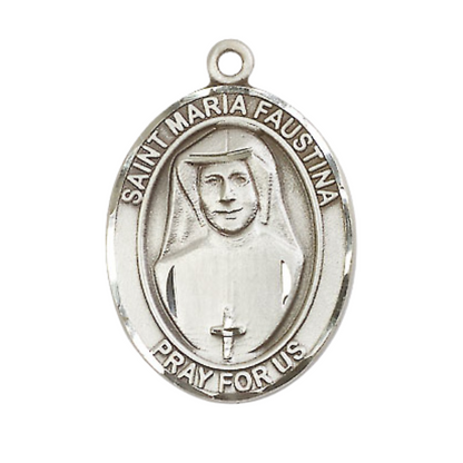 Mens .925 Sterling Silver Saint St. Maria Faustina Medal Pendant on 24 Inch Rhodium Plated Heavy Curb Brass Chain with Lobster Claw clasp, Catholic Religious Necklace - Made in USA- Velvet Gift Box