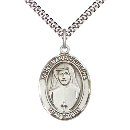 Saint St. Maria Faustina Men's .925 Sterling Silver Medal Necklace– Patron Saint St. & Apostle of Divine Mercy – 24 Inch Light Rhodium Plated Heavy Curb Chain, Catholic Medal – Velvet Gift Box