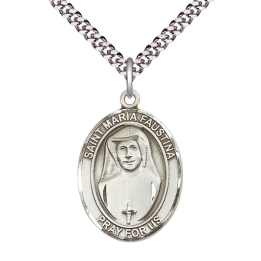 Everlasting Light Jewelry Saint St. Maria Faustina Men's Pewter Medal Necklace, Catholic Medal - Patron Saint. & Apostle of Divine Mercy – 24 Inch Endless Rhodium Plated Chain – Velvet Gift Box