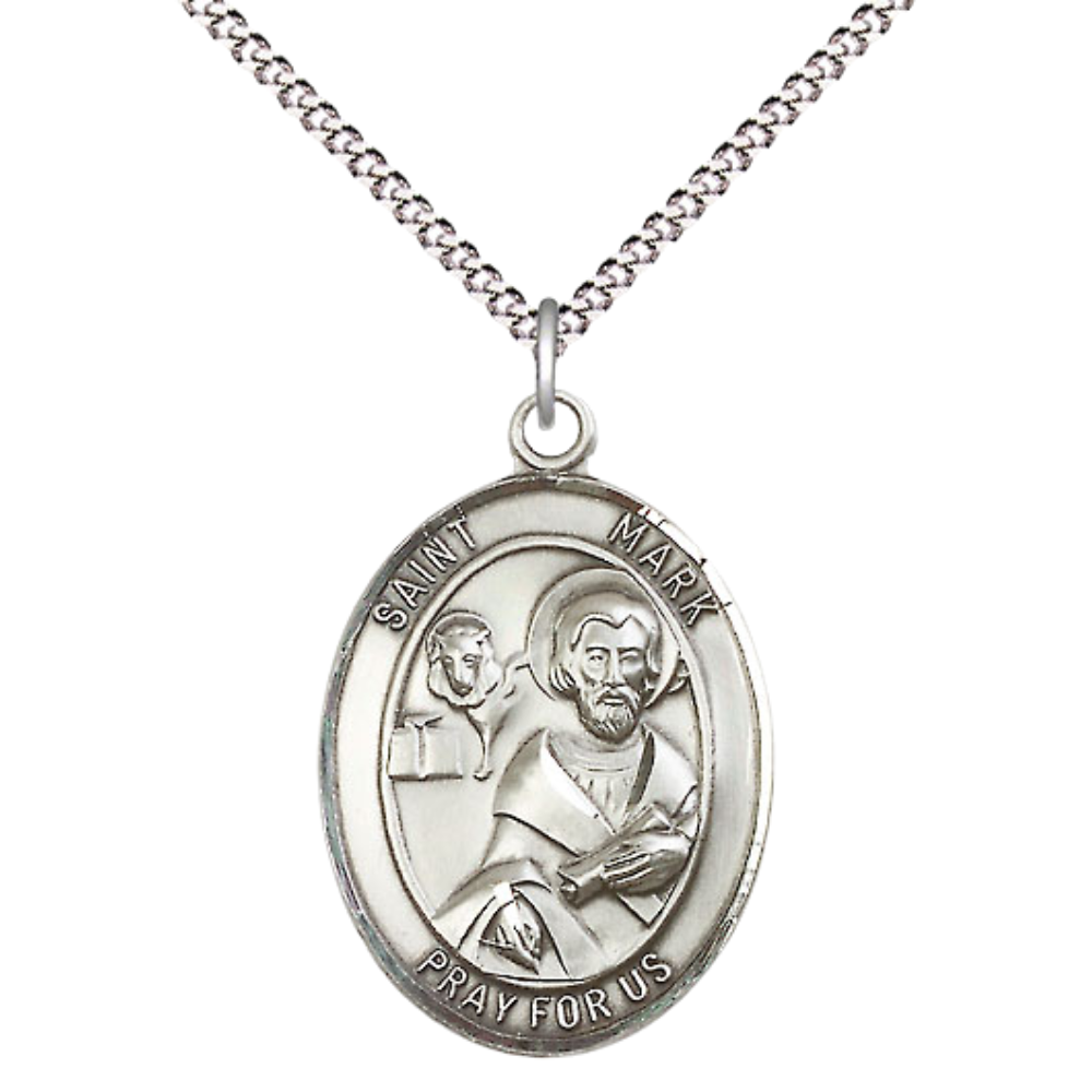 Women's .925 Sterling Silver Saint St. Mark the Evangelist Medal Pendant on 18 Inch Rhodium Plated Lite Curb Brass Chain w/ Lobster Claw Clasp, Catholic Religious Necklace - Made in USA- Deluxe Velvet Gift Box