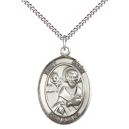Women's .925 Sterling Silver Saint St. Mark the Evangelist Medal Pendant on 18 Inch Rhodium Plated Lite Curb Brass Chain w/ Lobster Claw Clasp, Catholic Religious Necklace - Made in USA- Deluxe Velvet Gift Box