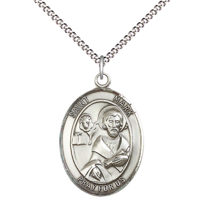 Women's Pewter Saint St. Mark the Evangelist Medal Pendant on 18 Inch Rhodium Plated Lite Curb Brass Chain with Lobster Claw Clasp, Catholic Religious Necklace - Made in USA- Deluxe Velvet Gift Box