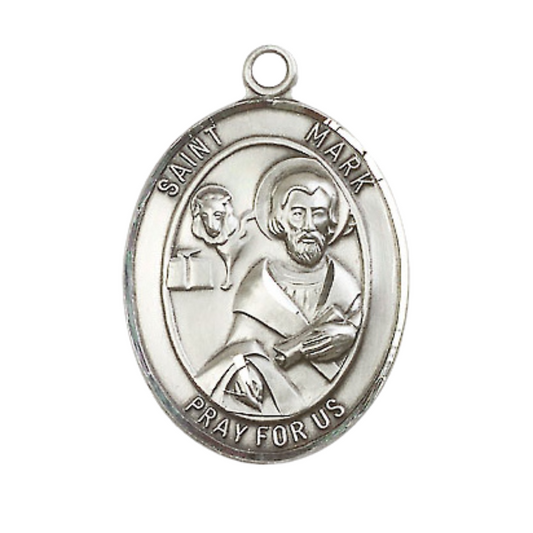Mens .925 Sterling Silver Saint St. Mark the Evangelist Medal Pendant on 24 Inch Rhodium Plated Heavy Curb Brass Chain with Lobster Claw clasp, Catholic Religious Necklace - Made in USA- Velvet Gift Box